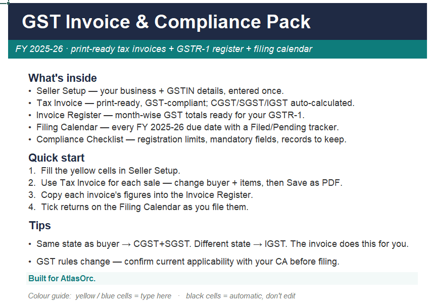 GST Invoice & Compliance Pack — Print-Ready Invoice + Filing Tracker (FY 2025-26)